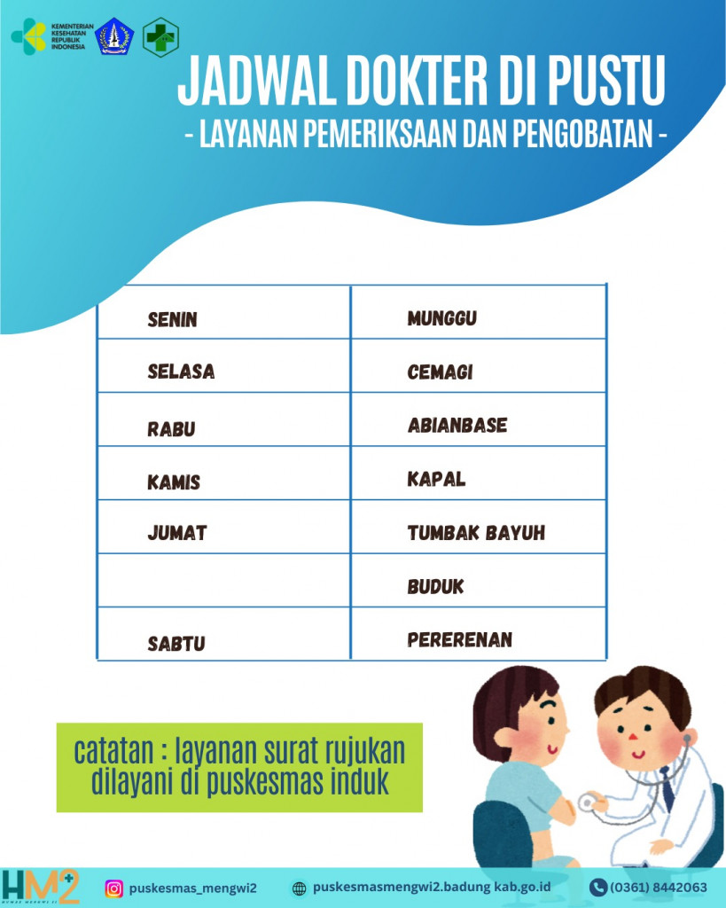 JADWAL PELAYANAN DOKTER DI PUSTU WILAYAH KERJA UPTD PUSKESMAS MENGWI II